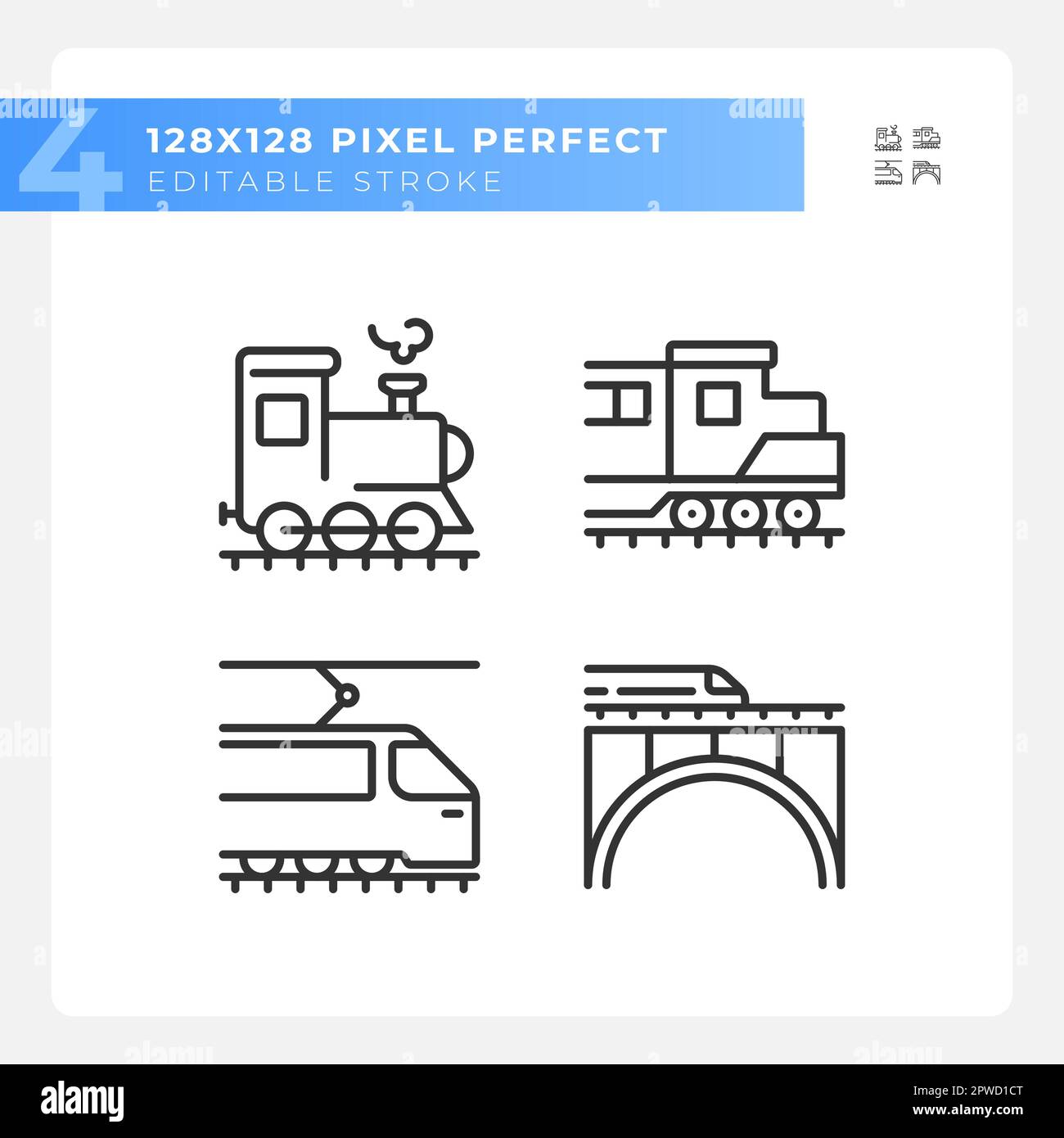 Set di icone lineari perfette per pixel locomotive Illustrazione Vettoriale