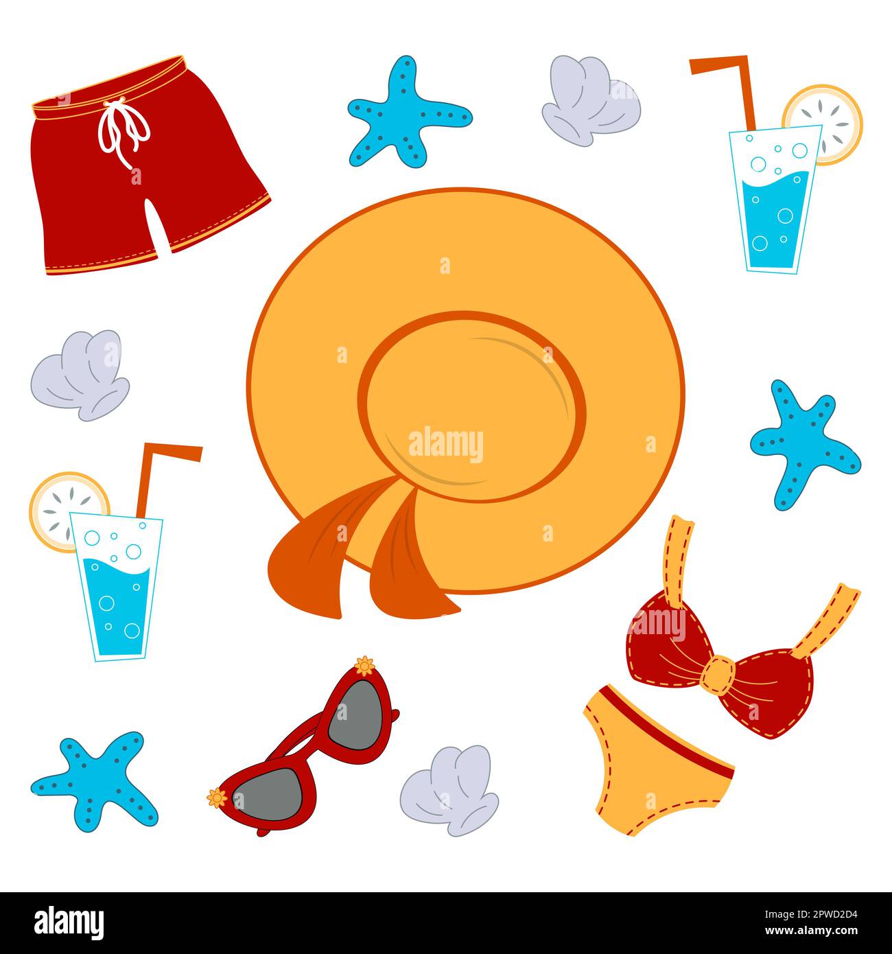Tempo di spiaggia impostato. Illustrazioni in stile cartoon piatto. Illustrazione Vettoriale
