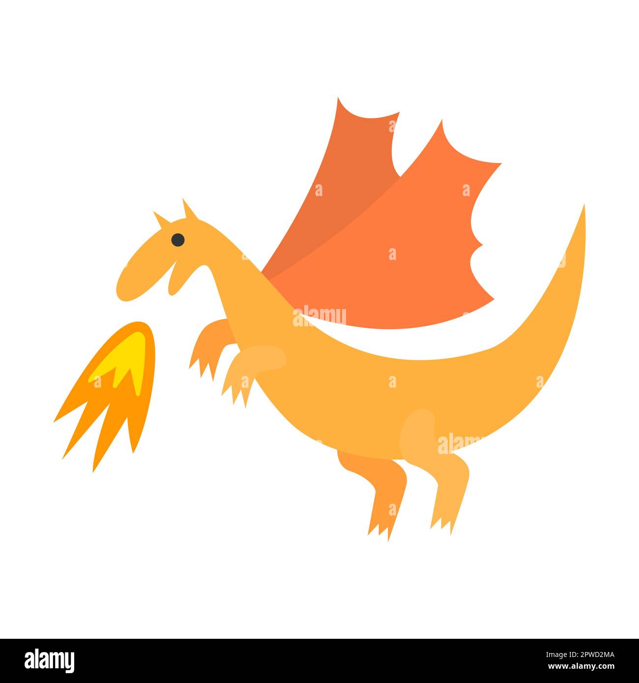 Allegro drago arancione respira il fuoco. Animali mitici da favola. Illustrazione di cartoni piani isolata su sfondo bianco Illustrazione Vettoriale