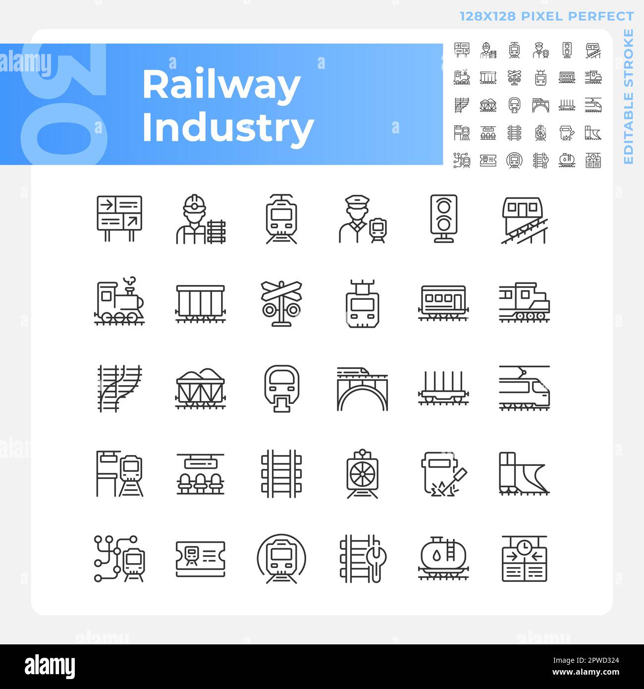 Set di icone lineari pixel Perfect per l'industria ferroviaria Illustrazione Vettoriale