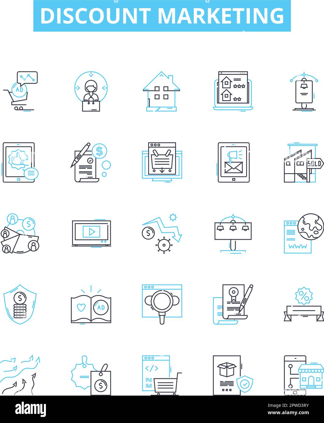 Set di icone di linee vettoriali per il marketing di sconti. Sconto, marketing, vendite, offerte, buoni, Offerte, illustrazione di risparmio delineano i simboli e i segni di concetto Illustrazione Vettoriale