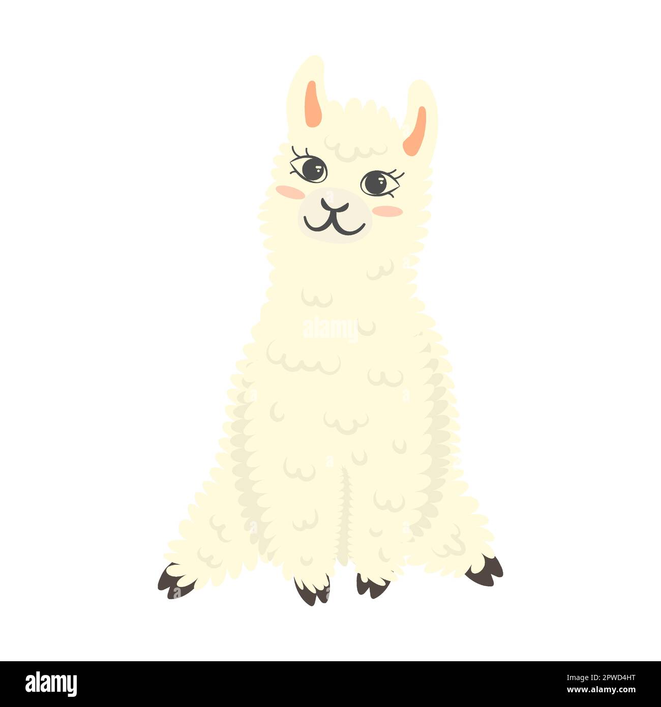 Cute lama siede e sorride allegro, illustrazione vettoriale del cartone animato. Bambina bianca lama in diverse pose ed emozioni. Collezione di adesivi Illustrazione Vettoriale