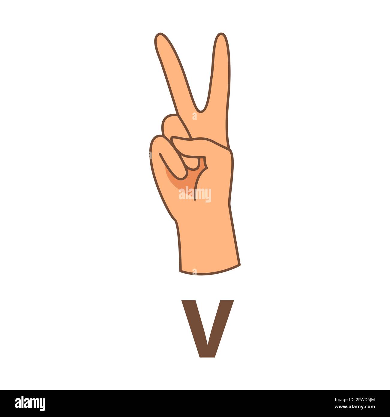 Mano che mostra la lettera v, illustrazione vettoriale alfabetica della lingua dei segni. Dito in posizione diversa, lingua di persone sorde Illustrazione Vettoriale