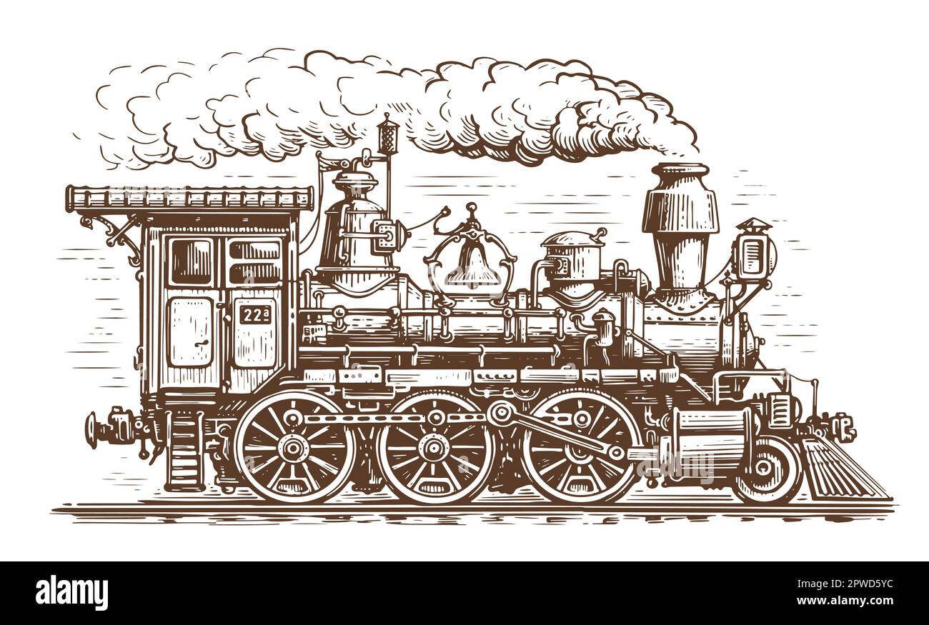 Treno retrò in stile di incisione vintage. Locomotiva a vapore disegnata a mano. Illustrazione vettoriale dello schizzo del trasporto ferroviario Illustrazione Vettoriale