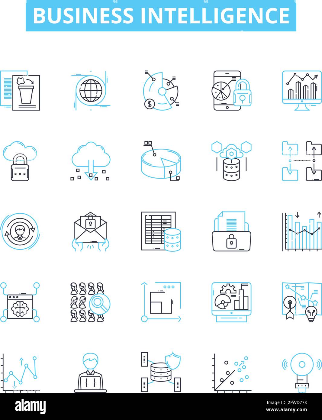 Set di icone di linee vettoriali di Business Intelligence. Business, Intelligence, analisi, dati, tecnologia, Processo decisionale, illustrazione intelligente Illustrazione Vettoriale