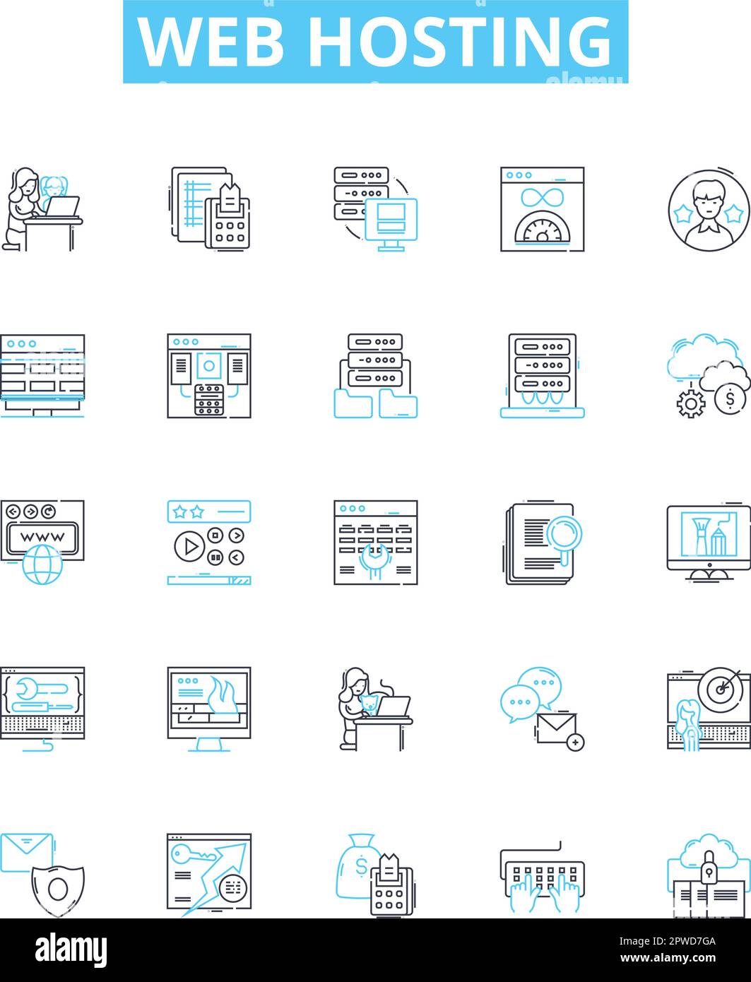 Set di icone della linea vettoriale di Web Hosting. Hosting, Web, sito Web, cloud, domini, Server, illustrazione dei dati delineare simboli e segni concettuali Illustrazione Vettoriale