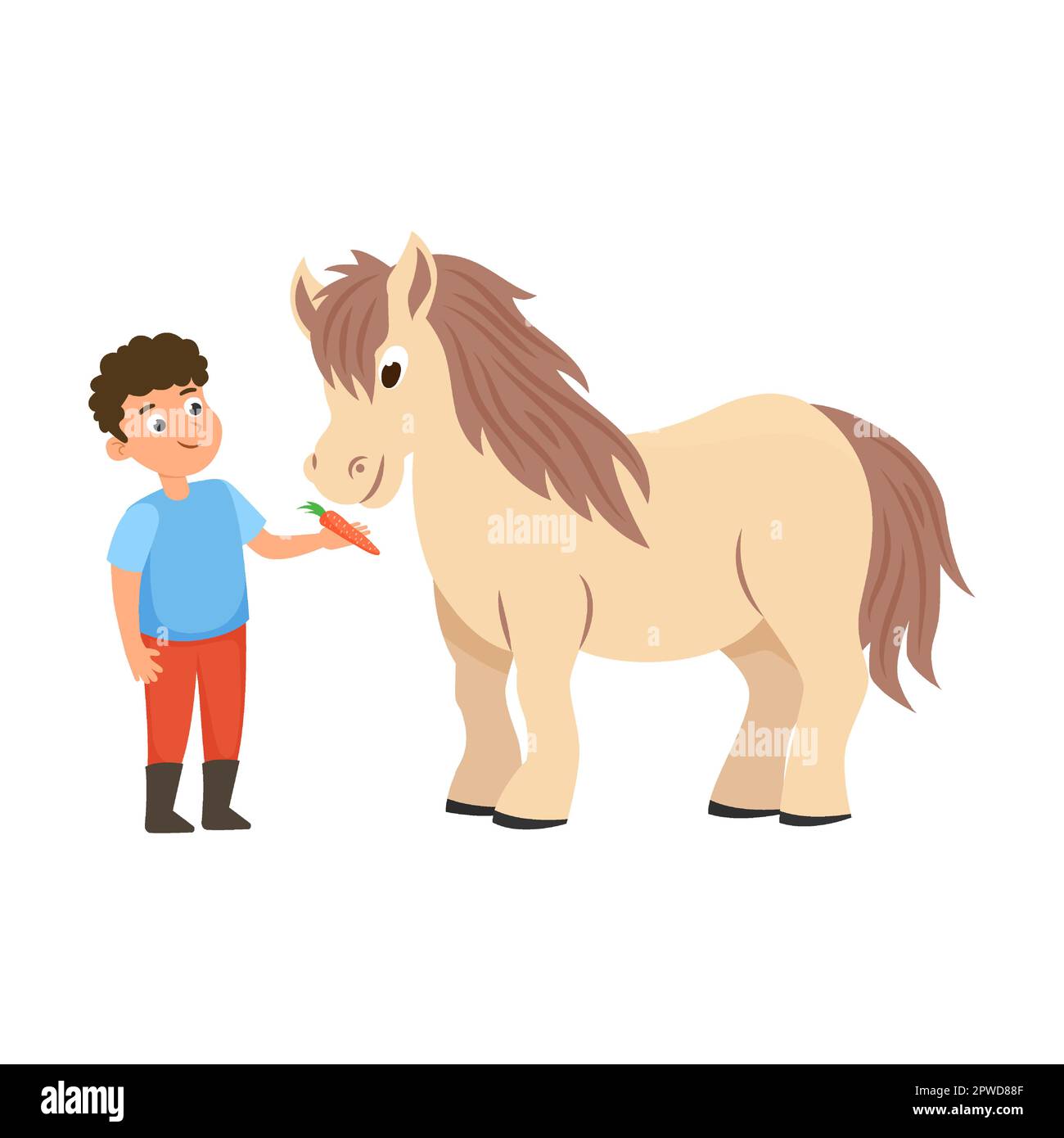 ragazzo alimenta una carota a un cavallo. Cavallo per bambini. Illustrazione vettoriale di piccolo addestramento del rider, alimentazione o governare il pony marrone cute. Cartone animato giovane Illustrazione Vettoriale