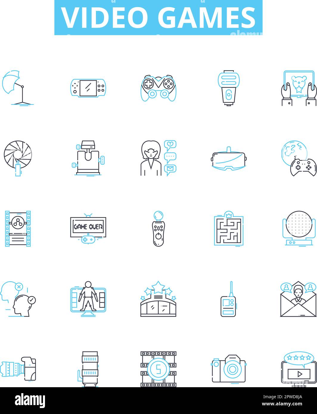 Set di icone di linee vettoriali per videogiochi. Giochi, console, Xbox, PlayStation, Nintendo, Azione, illustrazione RPG delineano simboli e segni concettuali Illustrazione Vettoriale