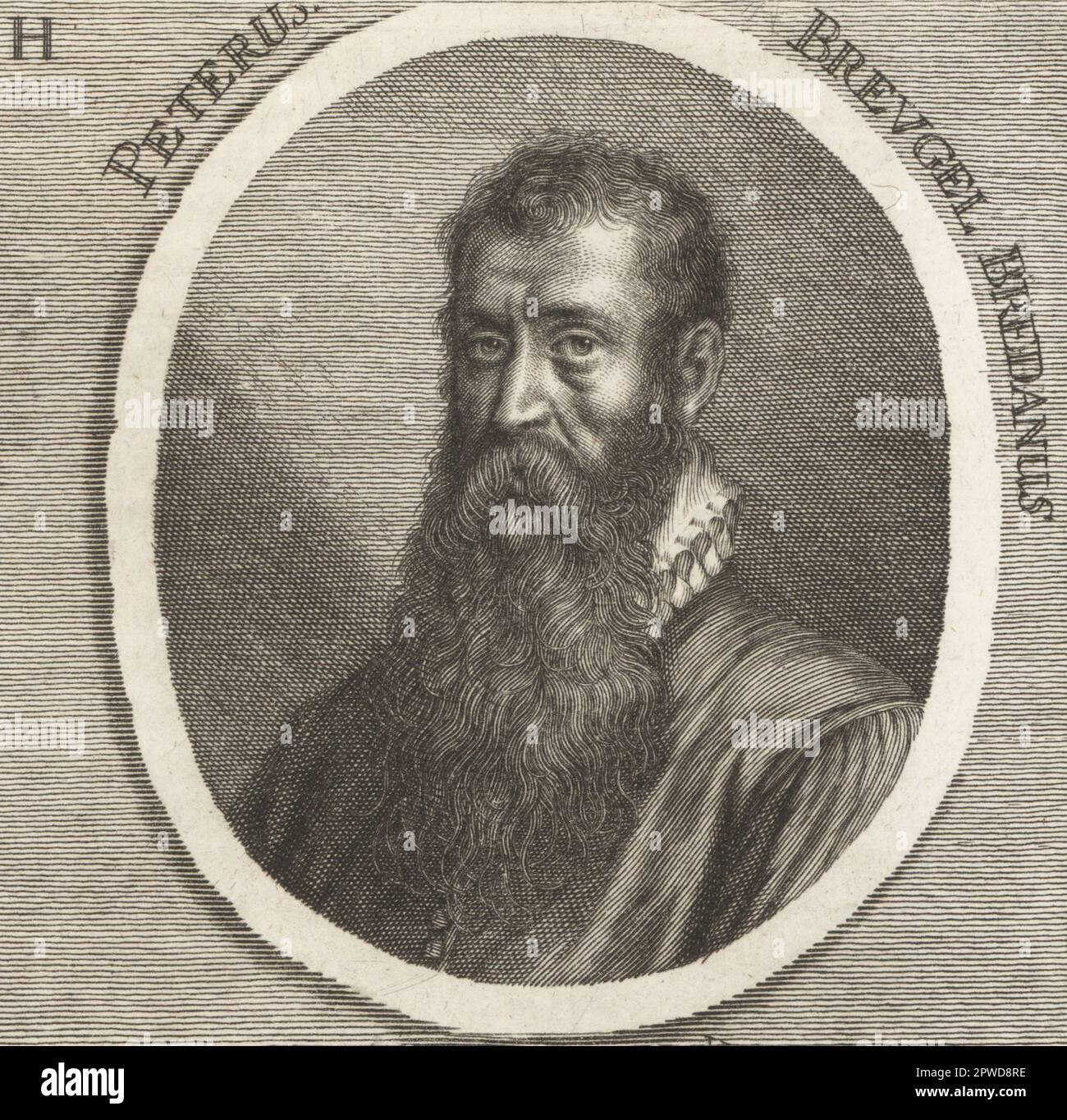Pieter Bruegel il Vecchio, pittore e stampatore del Rinascimento olandese, c. 1525-1569. Nato a Breda, conosciuto per i suoi paesaggi e le sue scene di genere. Peterus Breugel Bredanus. Incisione su copperplate di Johann Georg Waldreich dopo un'illustrazione di Joachim von Sandrart dalla sua Academia Todesca, della Architectura, scultura & Pittura, oder Teutsche Academie, der Edlen Bau- Bild- und Mahlerey-Kunste, Accademia tedesca di architettura, scultura e pittura, Jacob von Sandrart, Norimberga, 1675. Foto Stock
