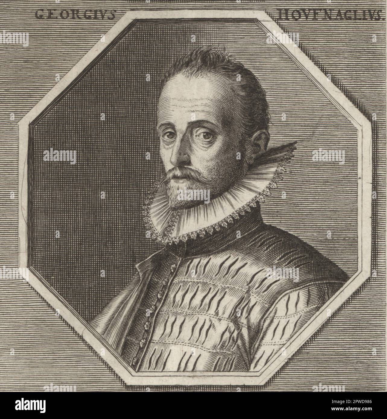 Joris Hoefnagel o Georg Hoefnagel, pittore fiammingo, stampatore, miniaturista, disegnatore e commerciante, 1542-1601. E' noto per le sue illustrazioni di soggetti di storia naturale, vedute topografiche, illuminazioni e opere mitologiche. Georgius Houefnaglius. Incisione su copperplate dopo un'illustrazione di Joachim von Sandrart dalla sua Academia Todesca, della architettura, scultura & Pittura, oder Teutsche Academie, der Edlen Bau- Bild- und Mahlerey-Kunste, Accademia tedesca di architettura, scultura e pittura, Jacob von Sandrart, Norimberga, 1675. Foto Stock