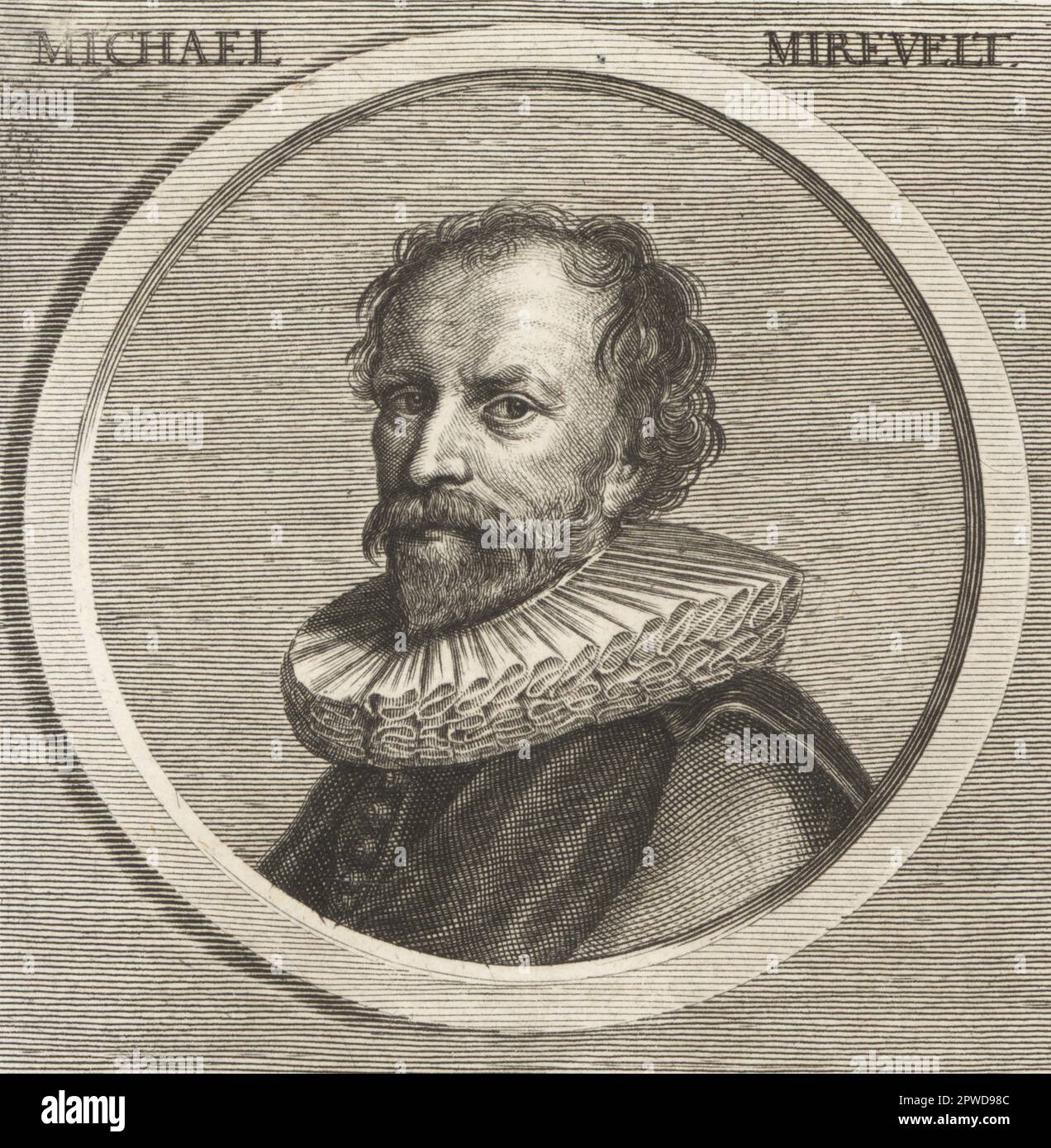 Michiel Janszoon van Mierevelt, pittore e disegnatore olandese dell'età dell'oro olandese, 1566-1641. Michael Mishett. Incisione su copperplate dopo un'illustrazione di Joachim von Sandrart dalla sua Academia Todesca, della architettura, scultura & Pittura, oder Teutsche Academie, der Edlen Bau- Bild- und Mahlerey-Kunste, Accademia tedesca di architettura, scultura e pittura, Jacob von Sandrart, Norimberga, 1675. Foto Stock