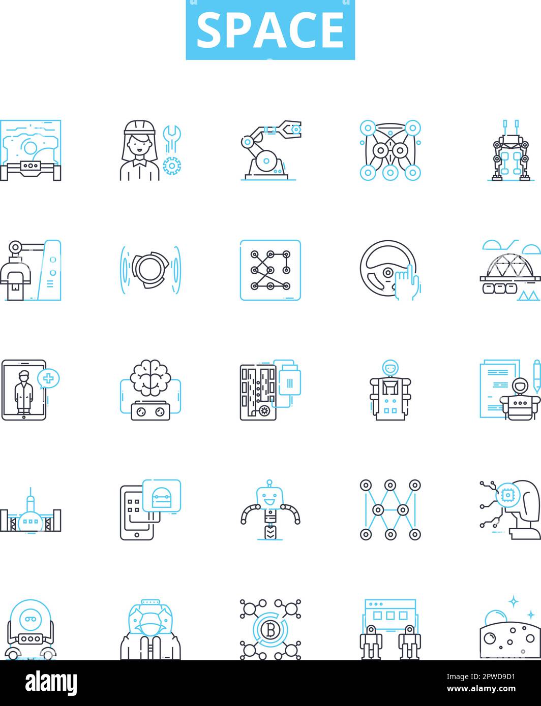 Set di icone di linee vettoriali spaziali. Spazio, Astronomia, Stelle, pianeti, Universo, Cosmologia, illustrazione solare delineano simboli e segni concettuali Illustrazione Vettoriale