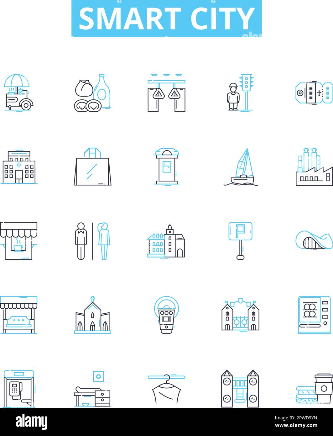 Set di icone di linee vettoriali Smart City. Intelligente, Città, intelligente, sostenibile, tecnologia, Automazione, illustrazione della rete, simboli dei concetti di base e. Illustrazione Vettoriale