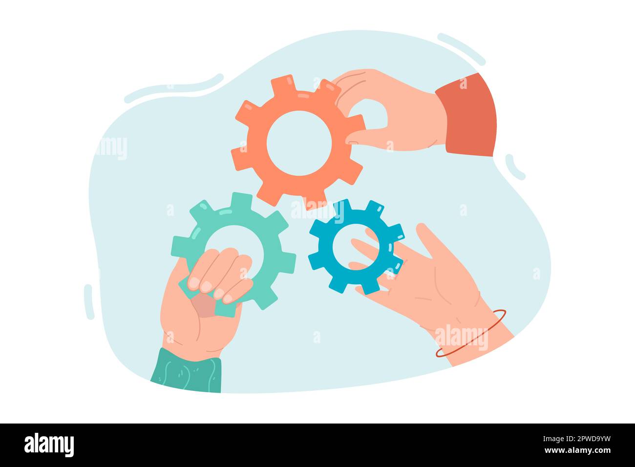 Mani dei lavoratori in ufficio che tengono gli ingranaggi Illustrazione Vettoriale