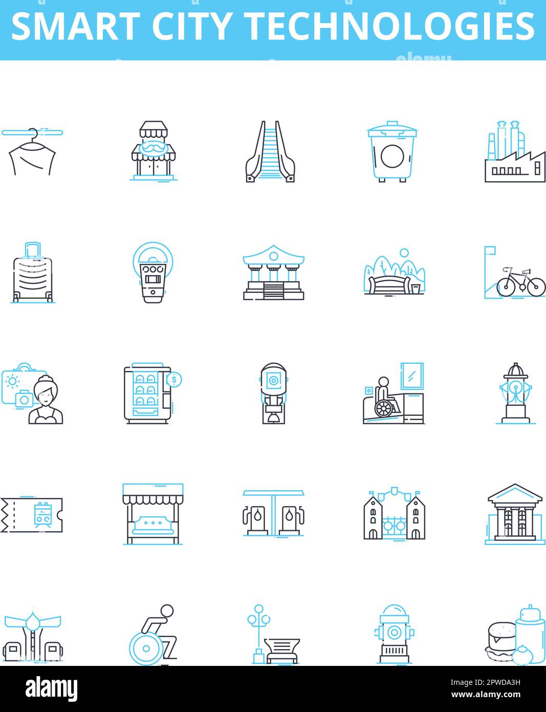 Set di icone di linee vettoriali per le tecnologie Smart City. Intelligente, Città, tecnologie, IoT, grandi, Dati, illustrazione ai delineano simboli e segnali concettuali Illustrazione Vettoriale