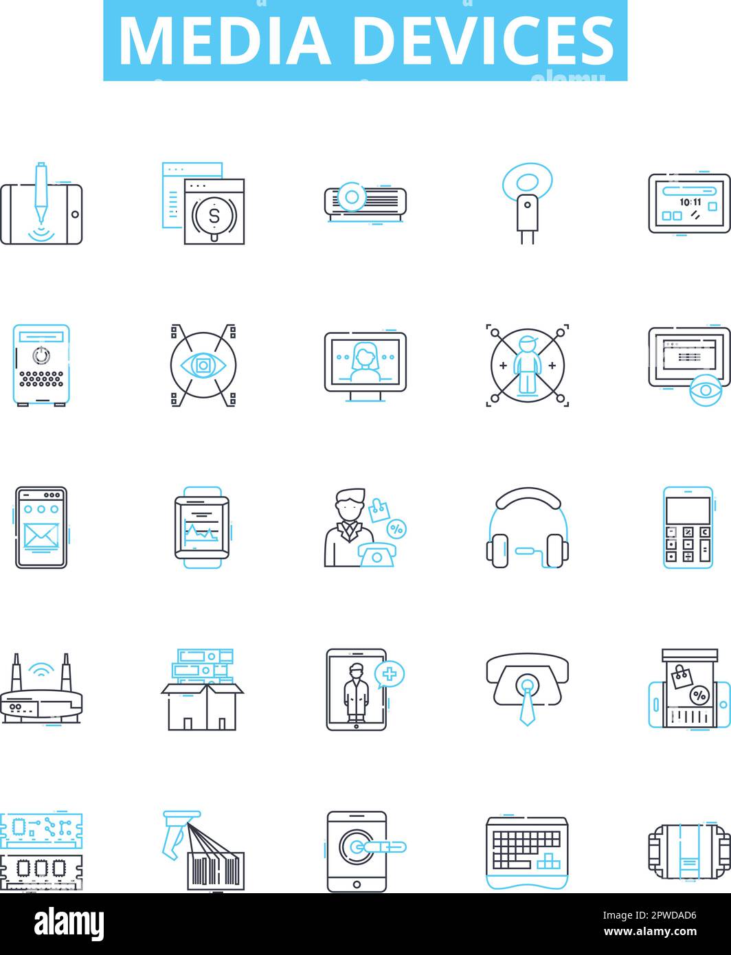 Icone delle linee vettoriali dei dispositivi multimediali impostate. Dispositivi, contenuti multimediali, televisione, radio, altoparlanti, Stampante, computer illustrazione delineare simboli e segni concettuali Illustrazione Vettoriale