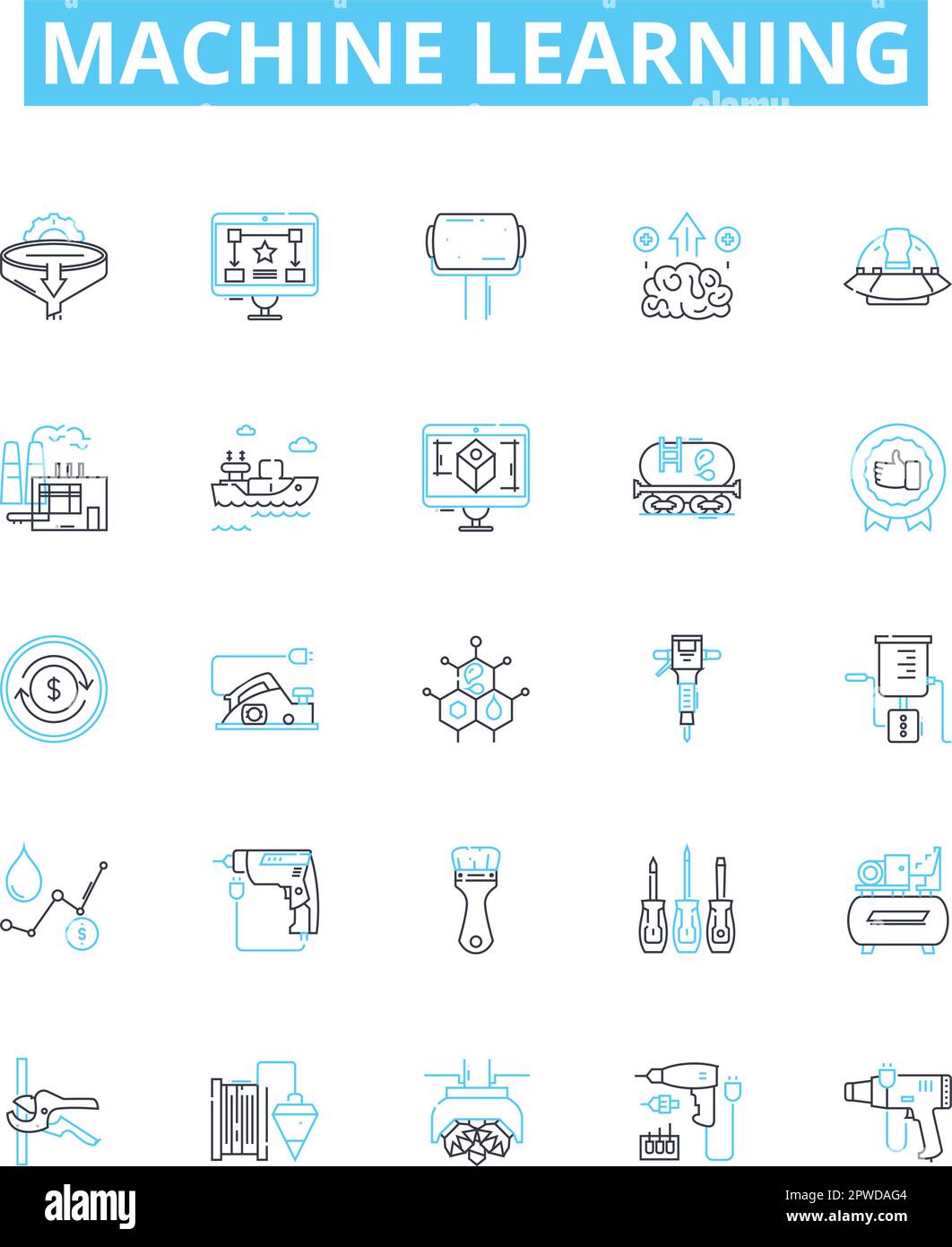 Set di icone di linee vettoriali per l'apprendimento automatico. macchina, apprendimento, artificiale, intelligenza, algoritmo, i dati, l'illustrazione del modello delineano i simboli dei concetti e. Illustrazione Vettoriale
