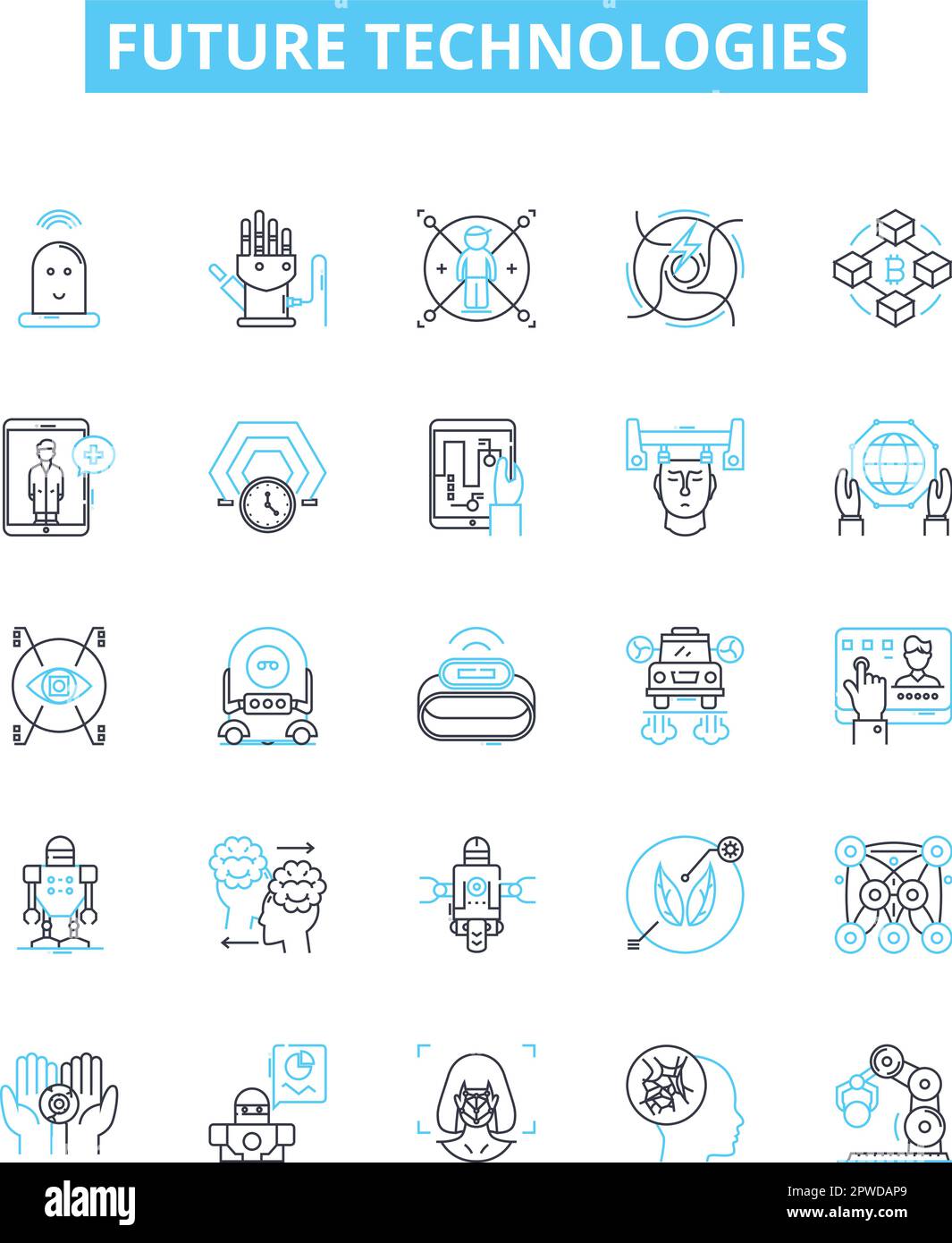 Set di icone di linee vettoriali per le tecnologie future. Ai, robotica, BigData, Blockchain, sicurezza informatica, Quantum, illustrazioni aumentate delineano i simboli concettuali Illustrazione Vettoriale