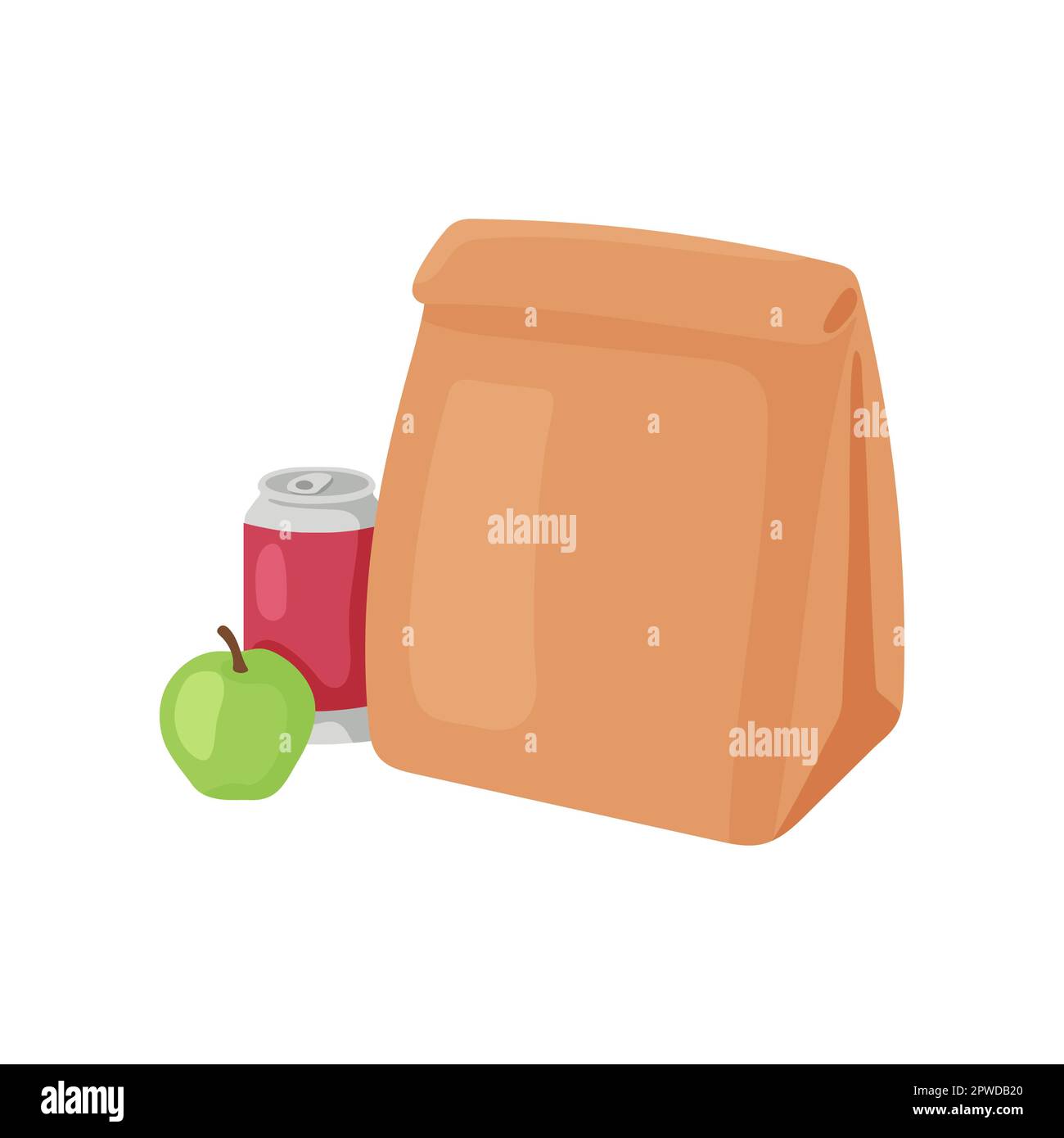Sacchetto di carta con illustrazione vettoriale di mela e bevanda in scatola Illustrazione Vettoriale