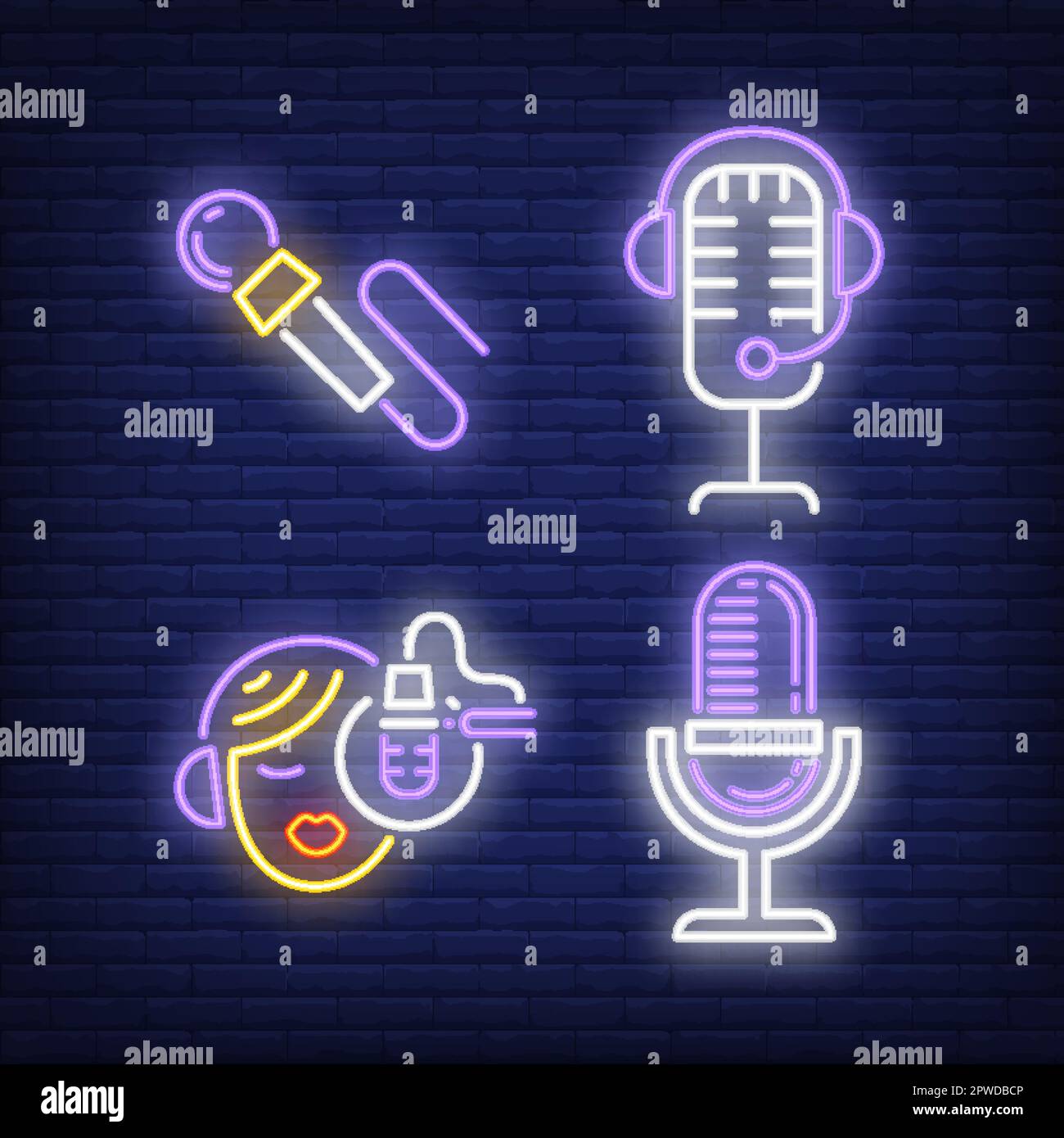 Set di segnali al neon per presentatore radio e microfoni Illustrazione Vettoriale