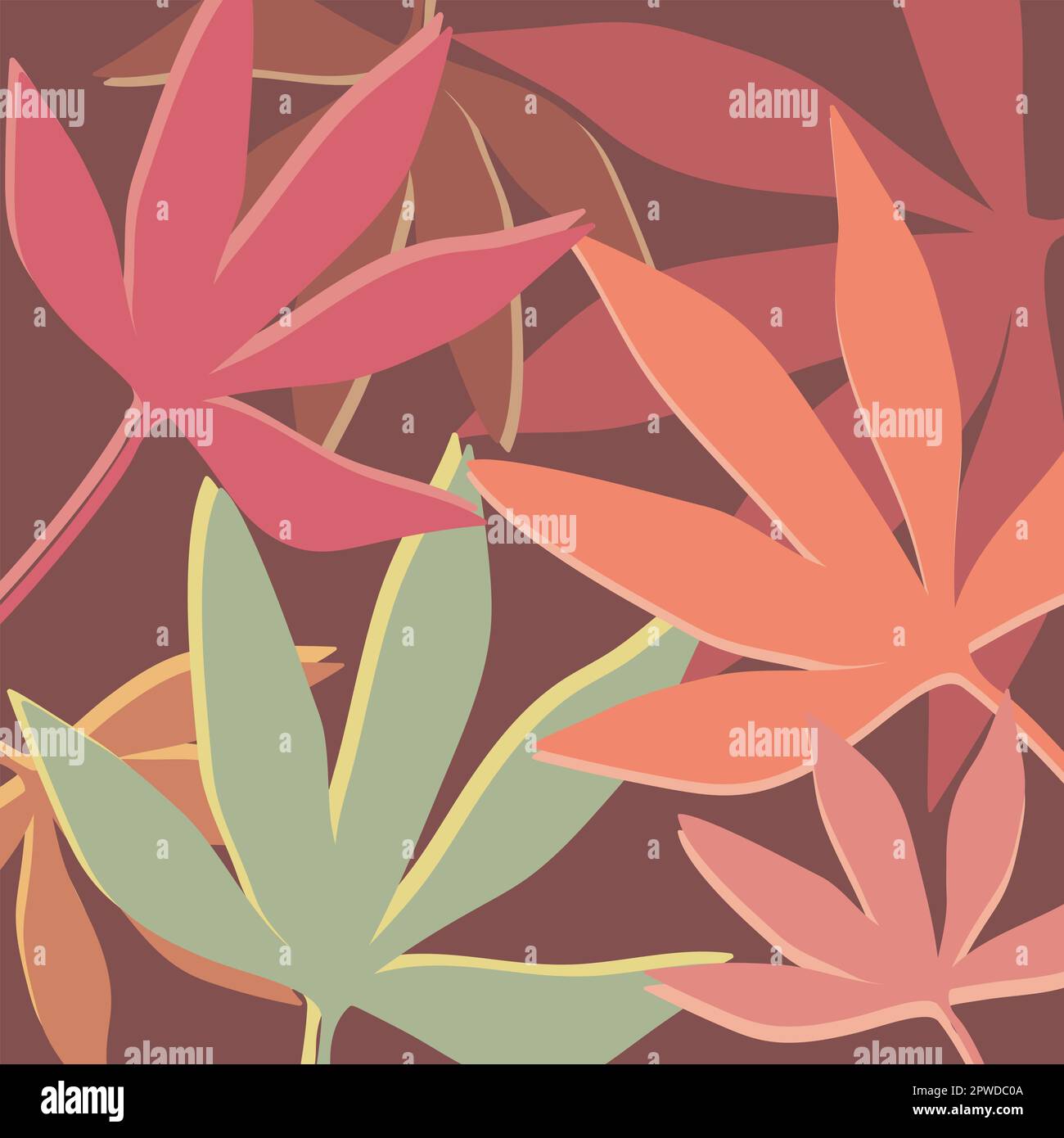 Illustrazione botanica astratta con foglie tropicali di diversi colori. Grafica vettoriale disegnata a mano Illustrazione Vettoriale