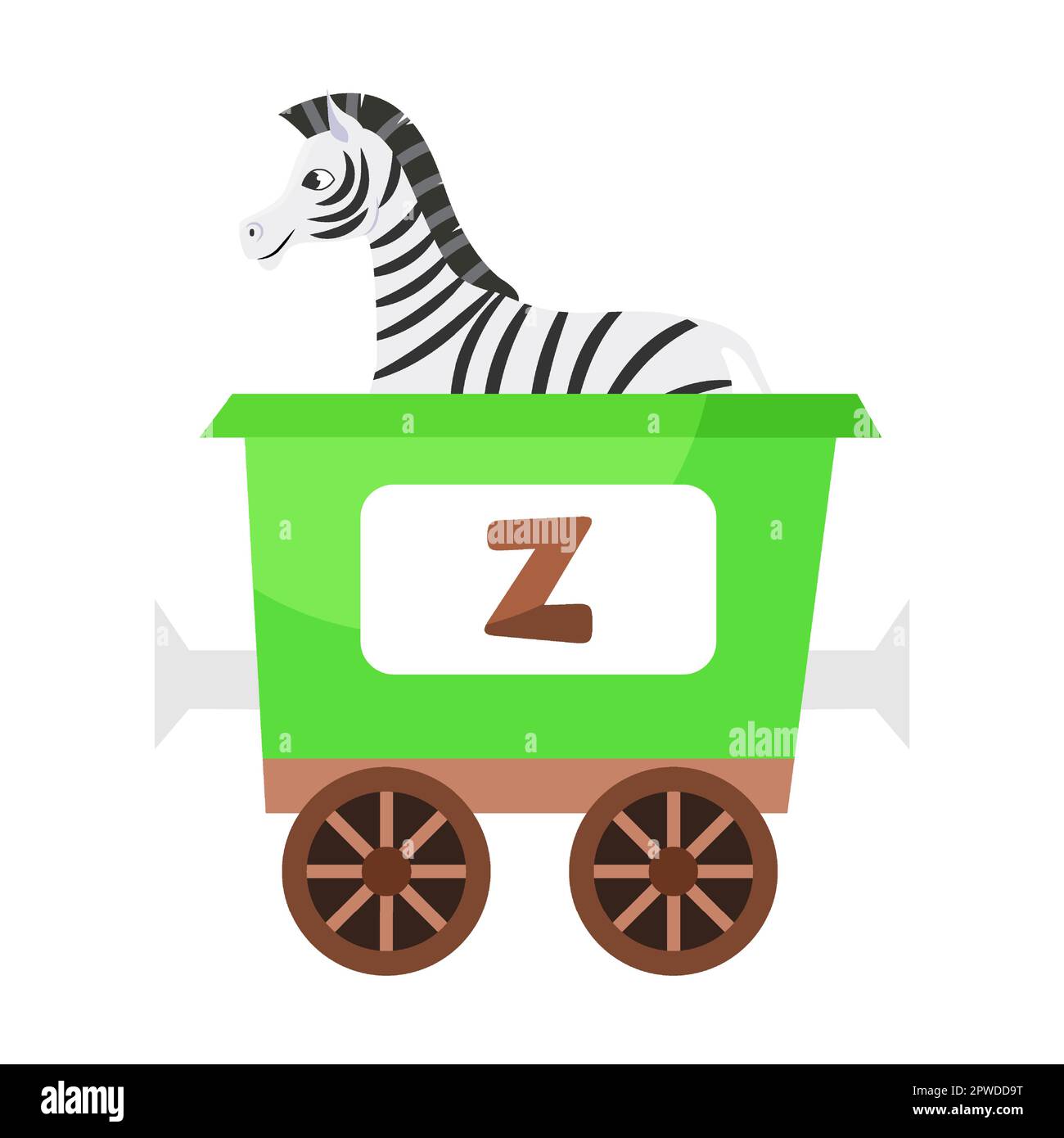 Lettera Z, zebra. Animale carino in treno alfabeto colorato. Illustrazione vettoriale del giocattolo di apprendimento per i bambini di prescolare. Cartoni animati seduti Illustrazione Vettoriale