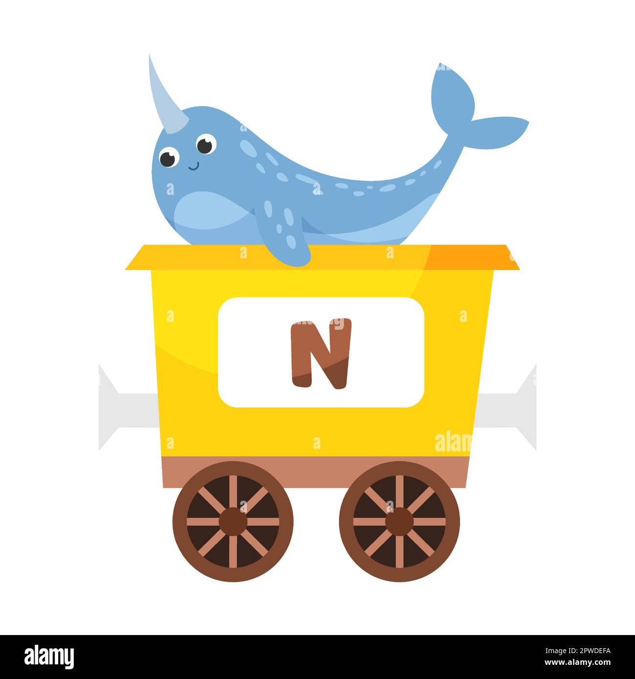 Lettera N, narcale. Animale carino in treno alfabeto colorato. Illustrazione vettoriale del giocattolo di apprendimento per i bambini di prescolare. Cartoni animati seduti Illustrazione Vettoriale
