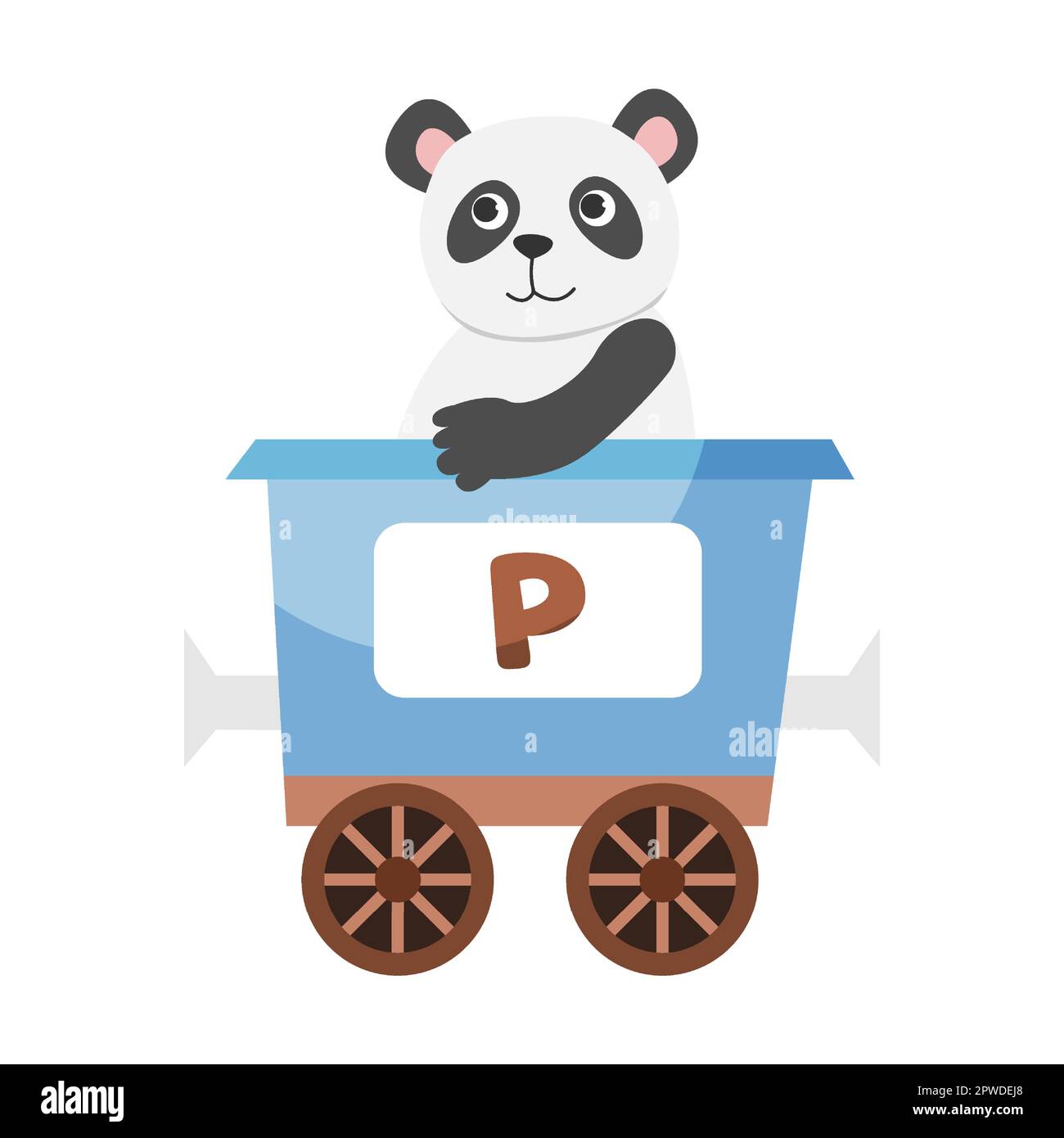Lettera P, panda. Animale carino in treno alfabeto colorato. Illustrazione vettoriale del giocattolo di apprendimento per i bambini di prescolare. Cartoni animati seduti Illustrazione Vettoriale