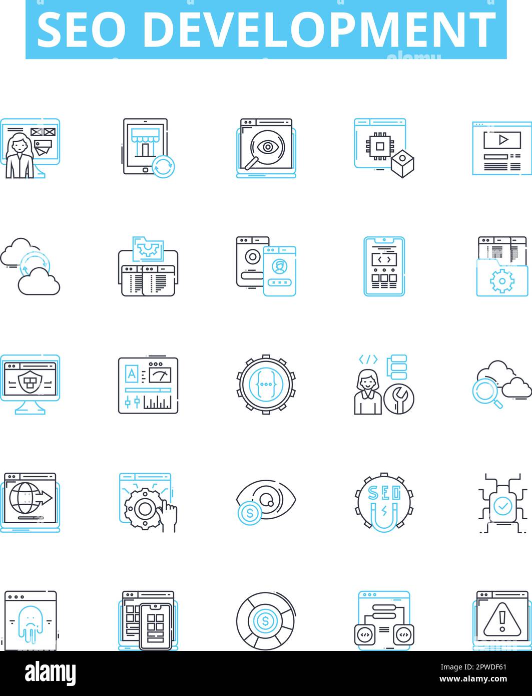 seo vettore sviluppo linea icone set. SEO, sviluppo, Ricerca, motore, ottimizzazione, Le strategie, l'illustrazione di classificazione delineano i simboli di concetto e. Illustrazione Vettoriale
