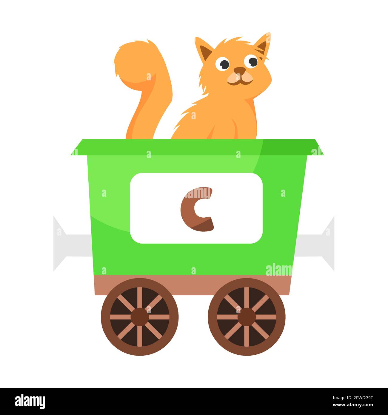 Lettera C, Cat. Animale carino in treno alfabeto colorato. Illustrazione vettoriale del giocattolo di apprendimento per i bambini di prescolare. Cartoni animati seduti Illustrazione Vettoriale