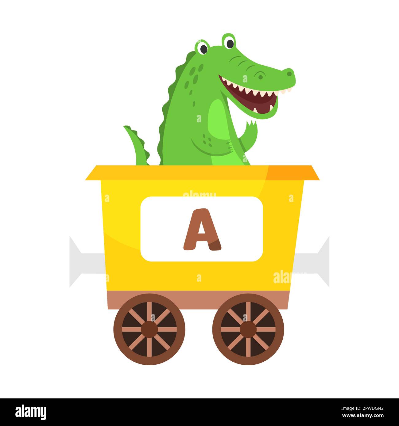 Lettera A, alligatore. Animale carino in treno alfabeto colorato. Illustrazione vettoriale del giocattolo di apprendimento per i bambini di prescolare. Cartoni animati seduti Illustrazione Vettoriale