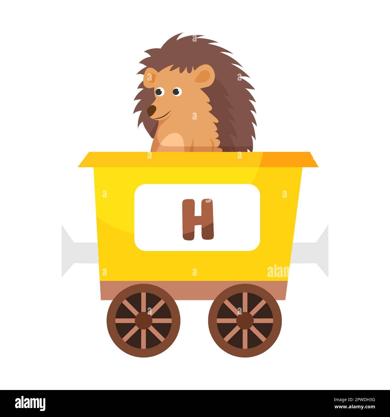 Lettera H, riccio. Animale carino in treno alfabeto colorato. Illustrazione vettoriale del giocattolo di apprendimento per i bambini di prescolare. Cartoni animati seduti Illustrazione Vettoriale