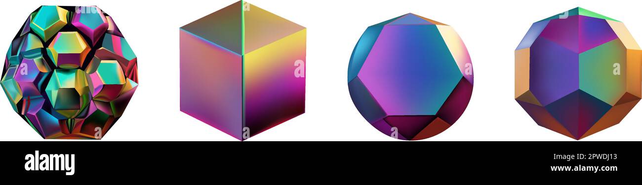 Le figure futuristiche del gradiente del neon possono essere usate per una varietà di scopi, compreso l'intrattenimento, l'istruzione e la visualizzazione scientifica.insieme delle forme geometriche del hologram. Iridescente moderno 3D oggetto multicolore. Illustrazione Vettoriale