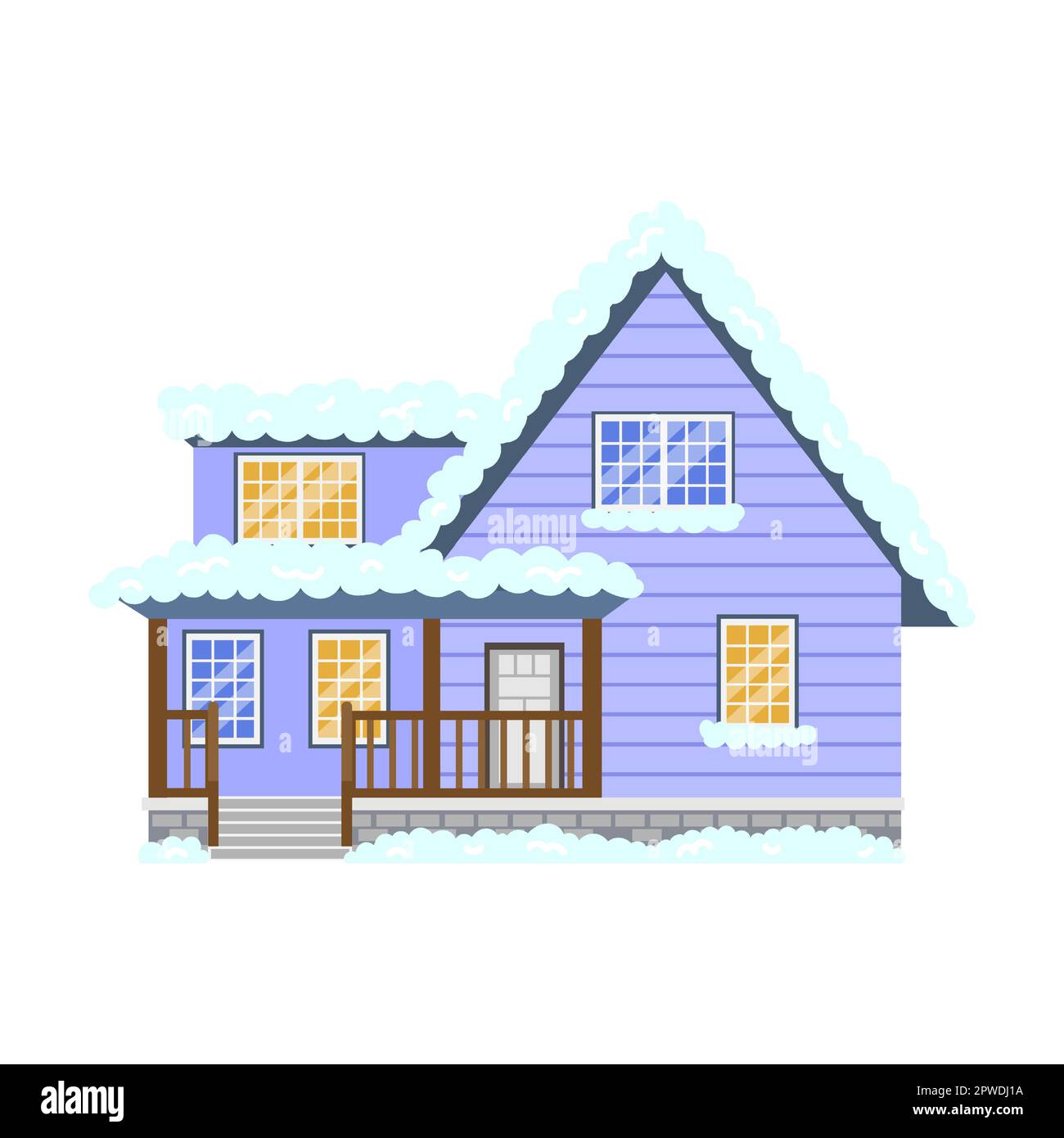 Facciata di casa con portico e gradini in inverno vettore illustrazione. Villaggio o paese cottage o cabina coperta di neve, edificio con camino isolato Illustrazione Vettoriale