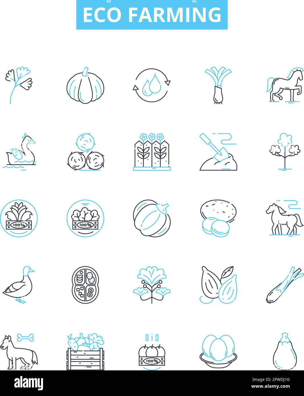 Set di icone delle linee vettoriali Eco Farming. Eco-agricoltura, sostenibile, biologica, Agricoltura, Verde, Rigenerativo, illustrazione dell'ambiente concetto di contorno Illustrazione Vettoriale