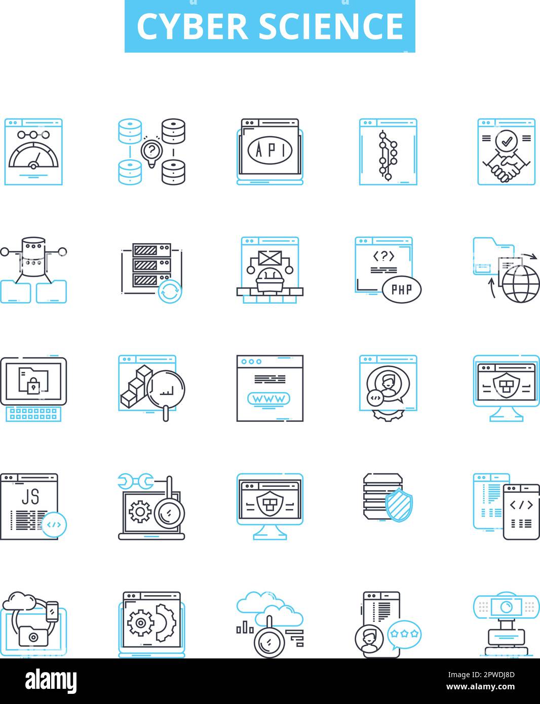 Set di icone di linee vettoriali per Cyber Science. Informatica, criminalità informatica, crittografia, sicurezza informatica, robotica, Algoritmi, illustrazione del networking concetto di struttura Illustrazione Vettoriale