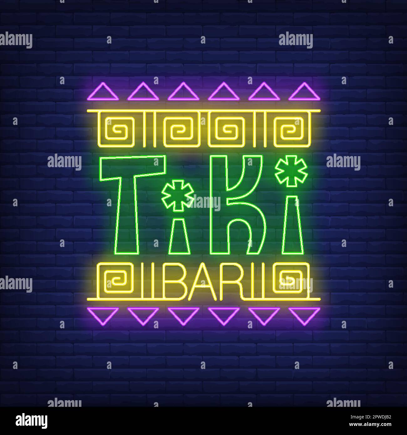Testo al neon della barra Tiki con ornamento etnico Illustrazione Vettoriale