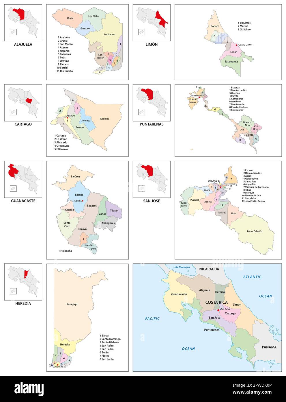 Mappa vettoriale amministrativa dello stato centroamericano del Costa Rica Foto Stock