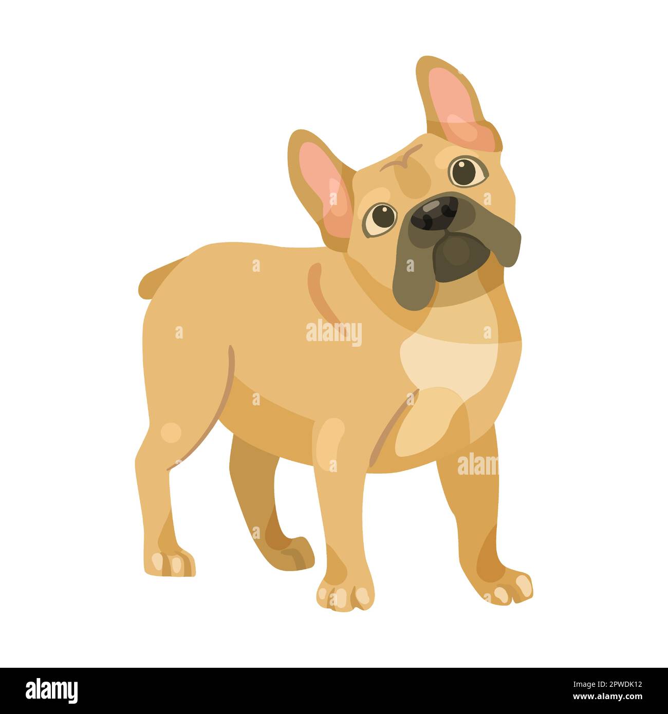 Carino bulldog francese in attesa di comando, cartoon illustrazione. Divertente e adorabile cucciolo sdraiato sulla schiena, seduto e giocando su sfondo bianco Illustrazione Vettoriale