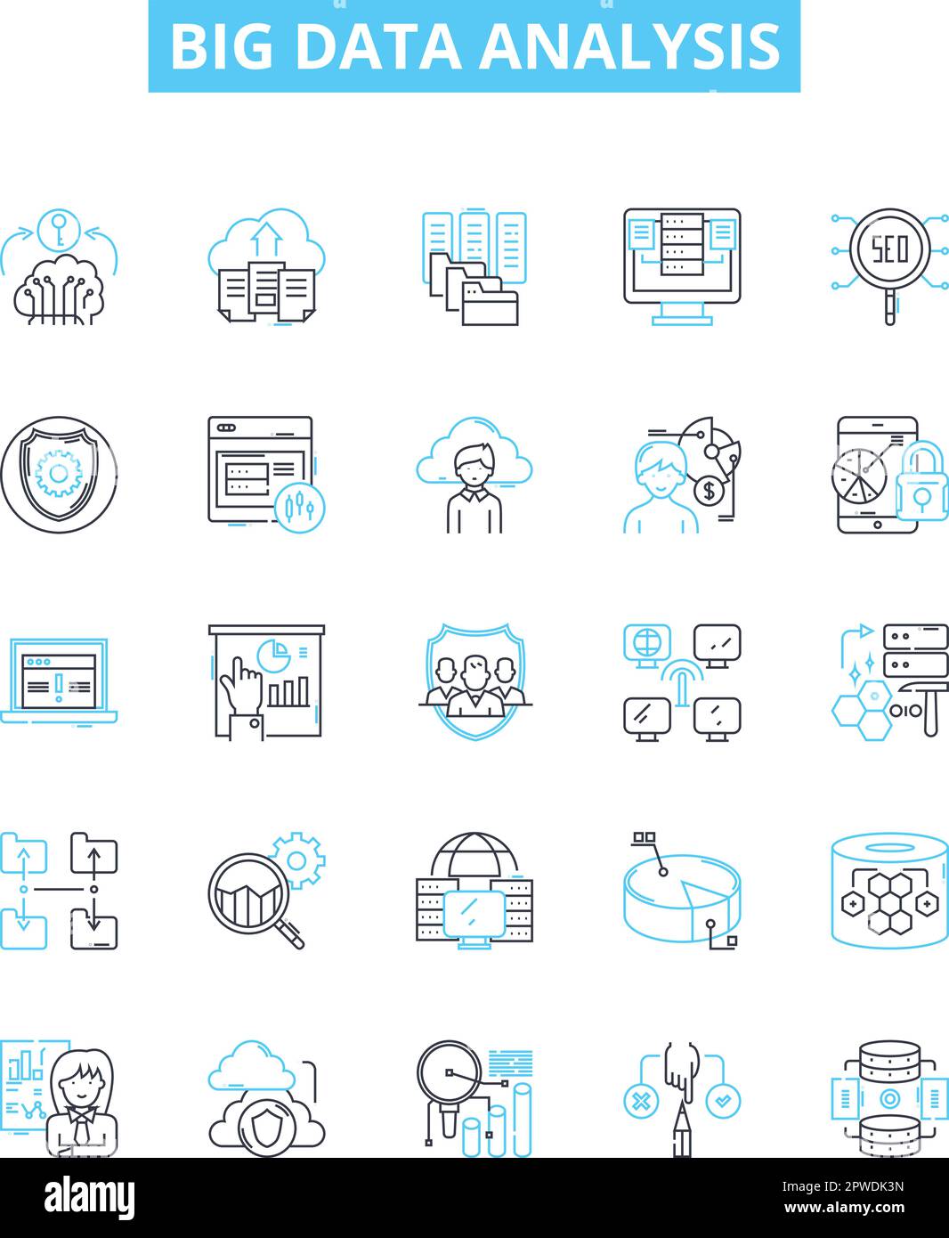 Set di icone di linee vettoriali per l'analisi dei big data. Analytics, Mining, Storage, Patterns, Visualization, Descrizione dell'illustrazione del clustering e dell'apprendimento automatico Illustrazione Vettoriale