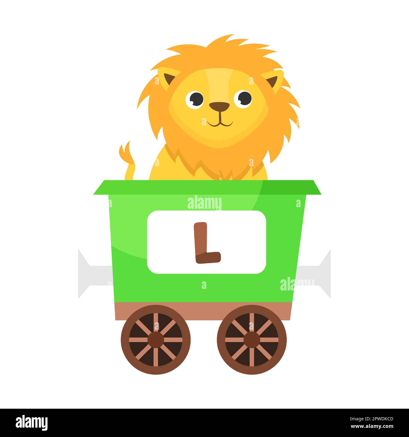 Lettera L, leone. Animale carino in treno alfabeto colorato. Illustrazione vettoriale del giocattolo di apprendimento per i bambini di prescolare. Cartoni animati seduti Illustrazione Vettoriale