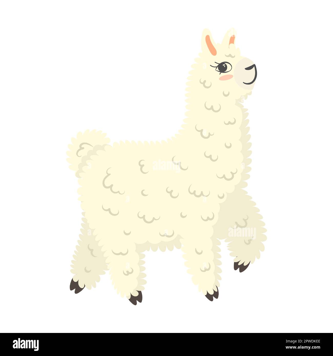 Cute lama orgogliosa, coraggiosa passeggiate allegre, cartoon vettore illustrazione. Bambina bianca in diverse pose ed emozioni. Collezione di adesivi Illustrazione Vettoriale