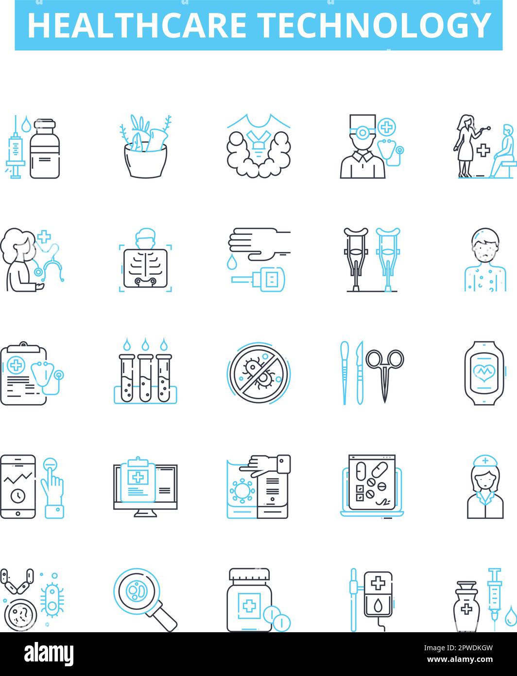 Set di icone di linee vettoriali per la tecnologia sanitaria. Settore medico, tecnologia, sanità, innovazione, diagnosi, Trattamento, illustrazione dei dispositivi concetto di contorno Illustrazione Vettoriale
