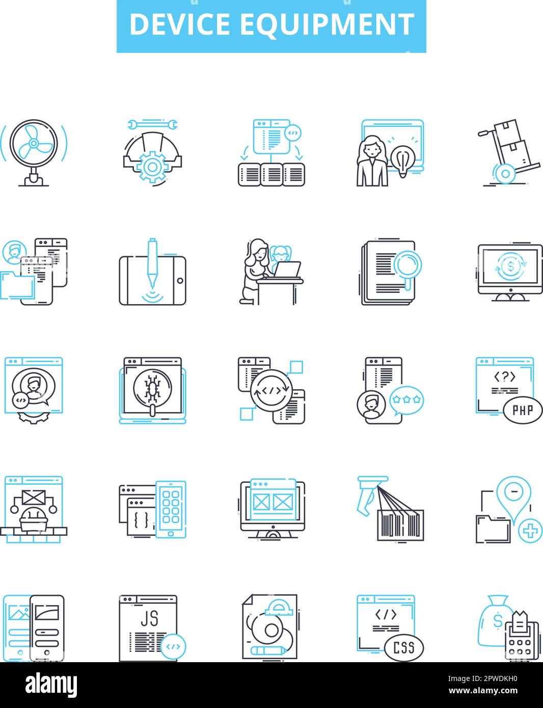 Set di icone delle linee vettoriali della strumentazione del dispositivo. Dispositivo, apparecchiatura, elettronica, gadget, appliance, L'illustrazione di macchinari, attrezzi descrive i simboli dei concetti e. Illustrazione Vettoriale