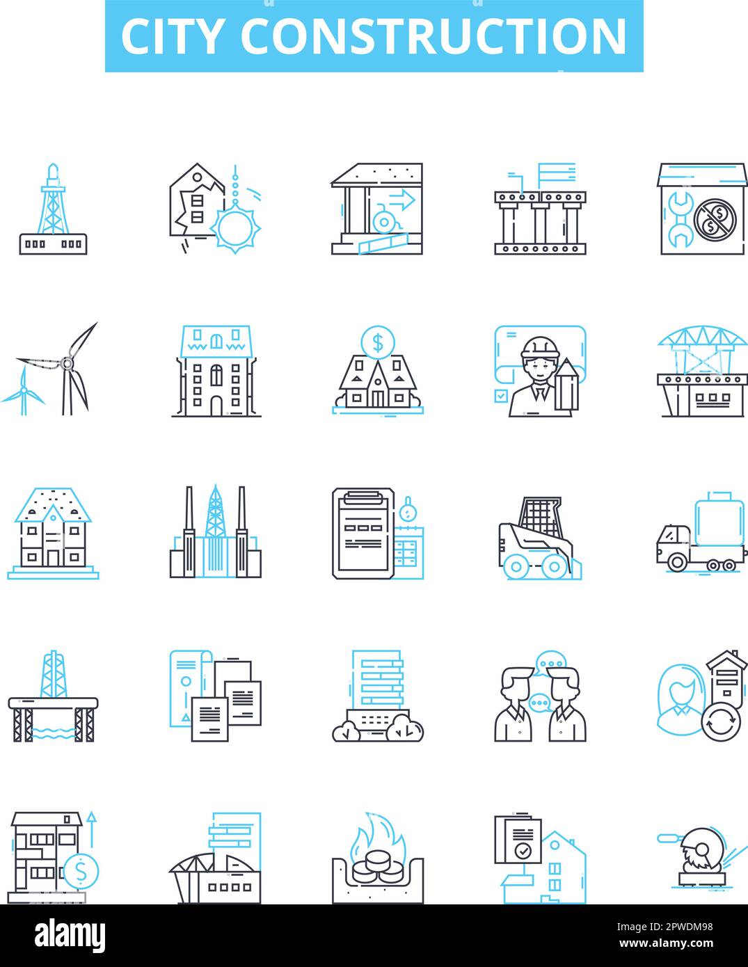 Set di icone di linee vettoriali per la costruzione di città. Urbanizzazione, architettura, infrastrutture, costruzione, riqualificazione, pianificazione, illustrazione della crescita Illustrazione Vettoriale