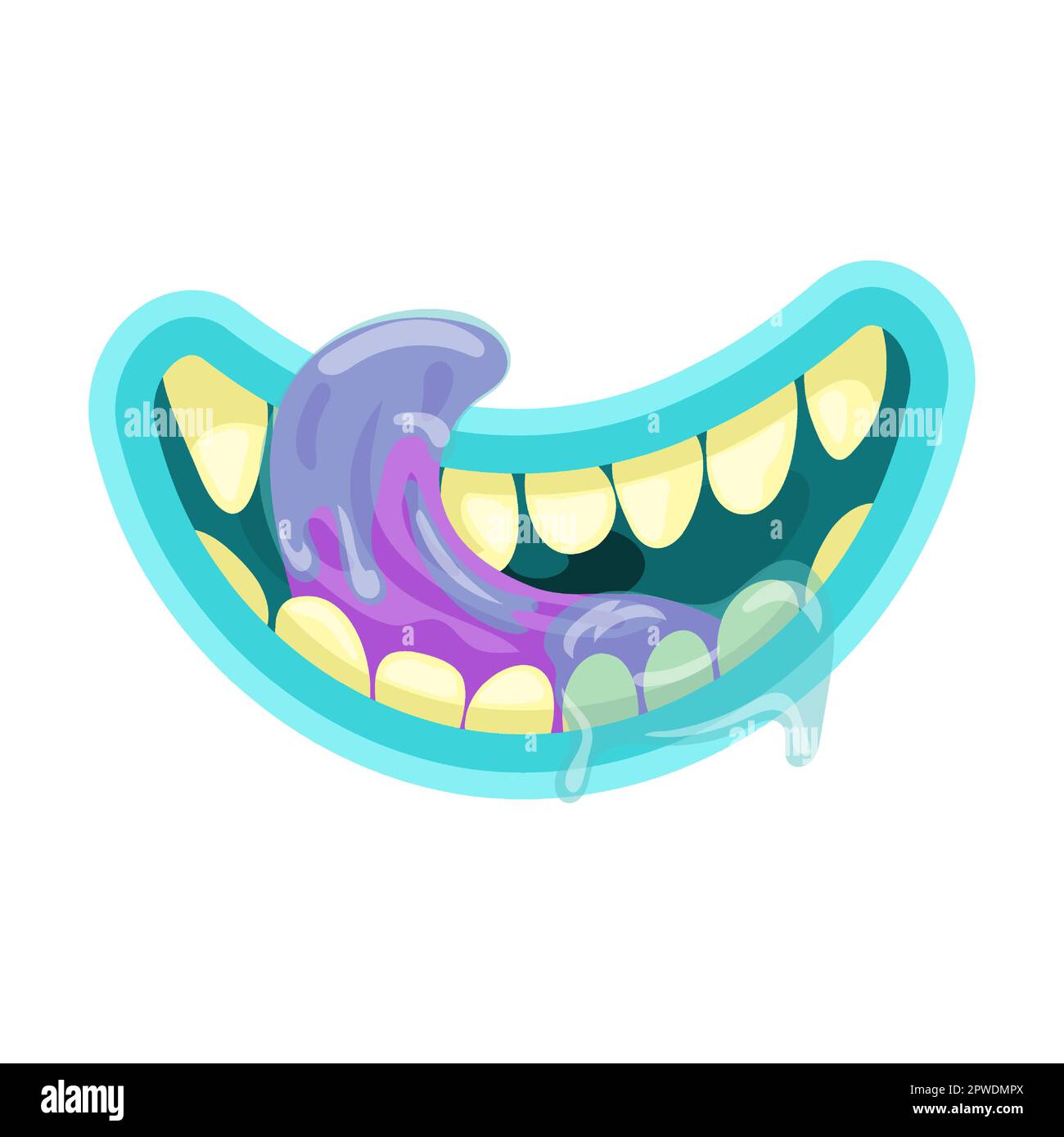monster bocca lecca e drools cartoon illustrazione vettoriale. Goblin carino e spaventoso, gremlin, bocche alieni con lingua, denti taglienti decaduti Illustrazione Vettoriale