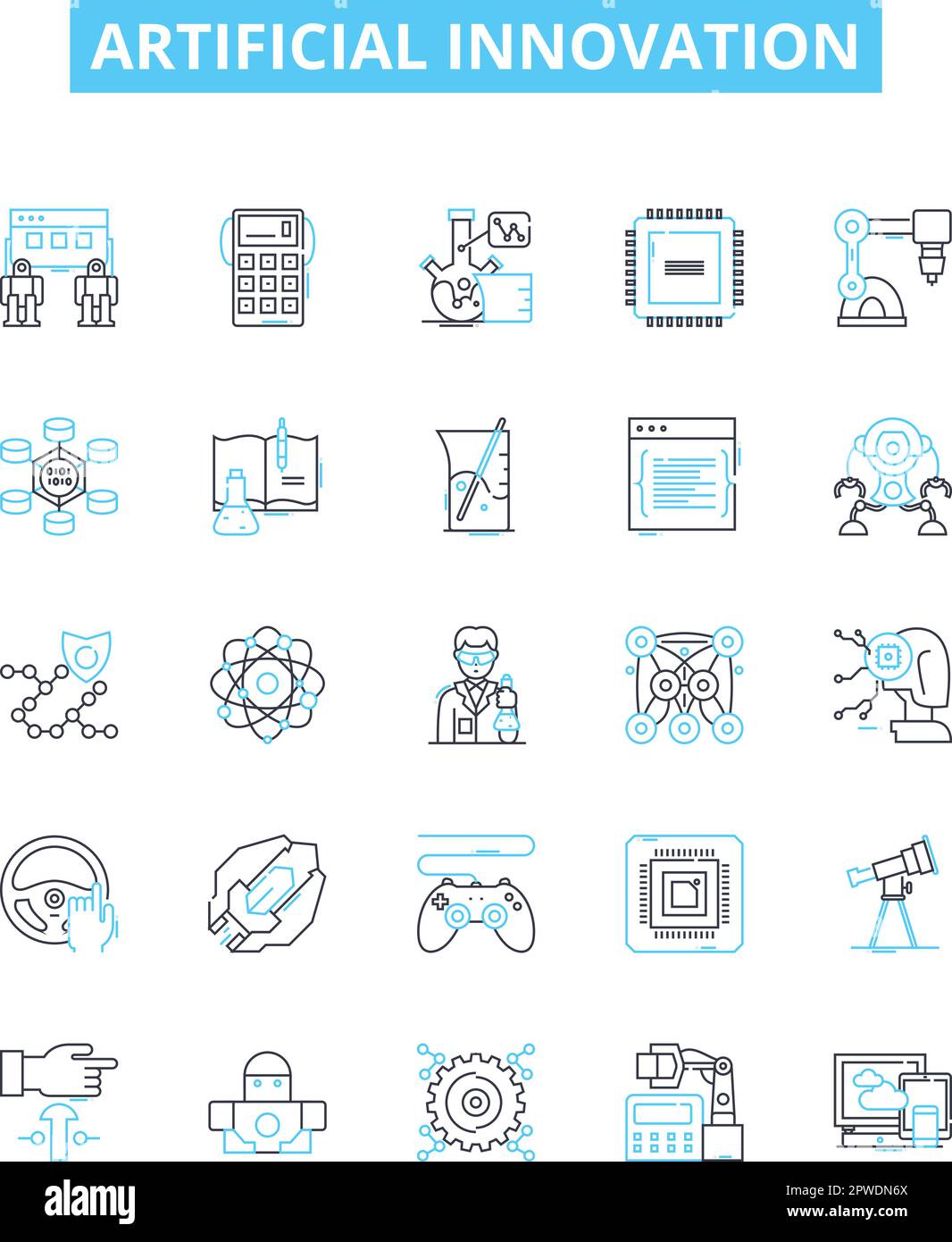 Set di icone di linee vettoriali per l'innovazione artificiale. Ai, robotica, automazione, macchina, apprendimento, Aumentare, illustrazione intelligente delineare i simboli concettuali Illustrazione Vettoriale