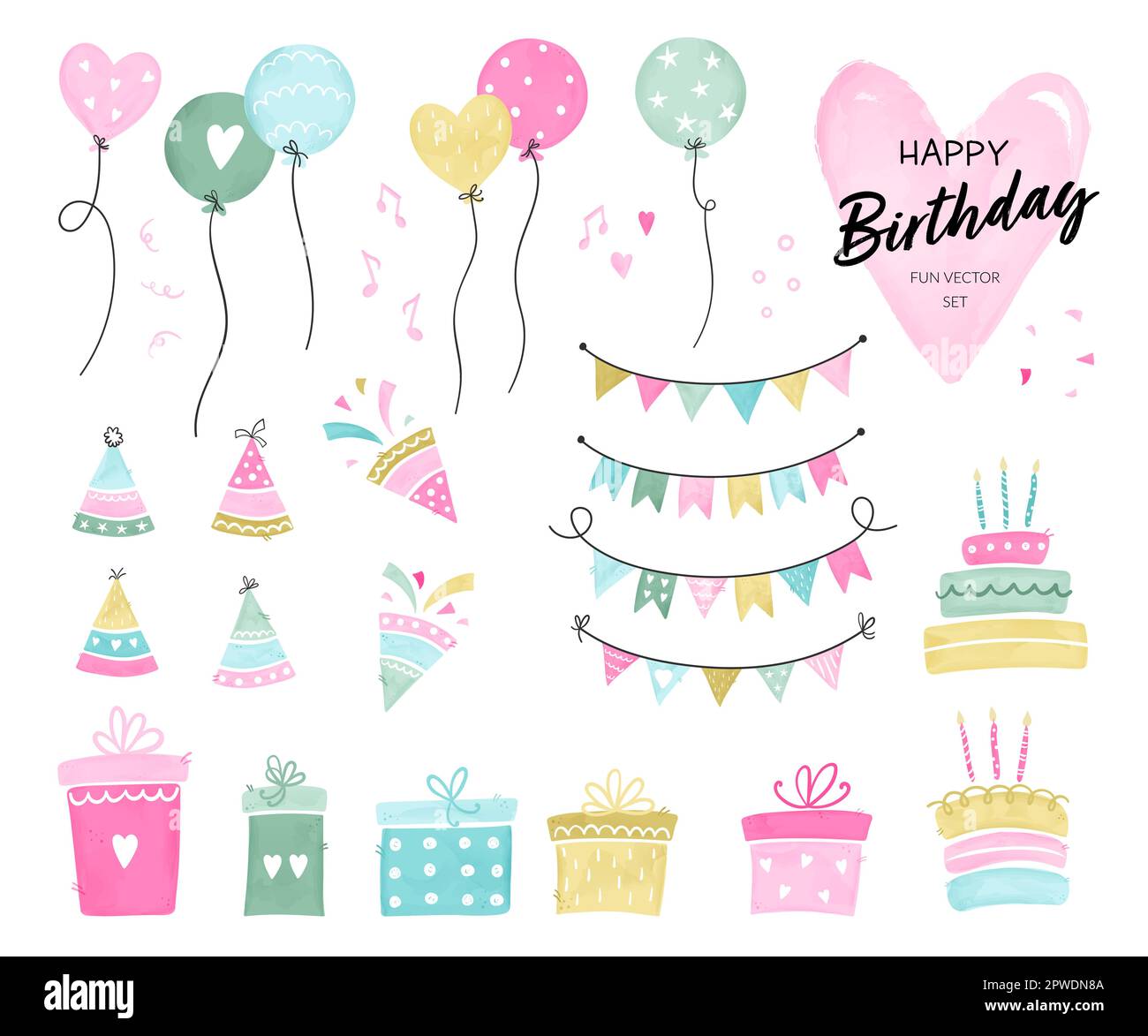 Set di elementi disegnati a mano per feste di compleanno. Illustrazioni vettoriali. Decorazioni per feste, palloncini, confezione regalo, torta con candele, confetti, parte Illustrazione Vettoriale