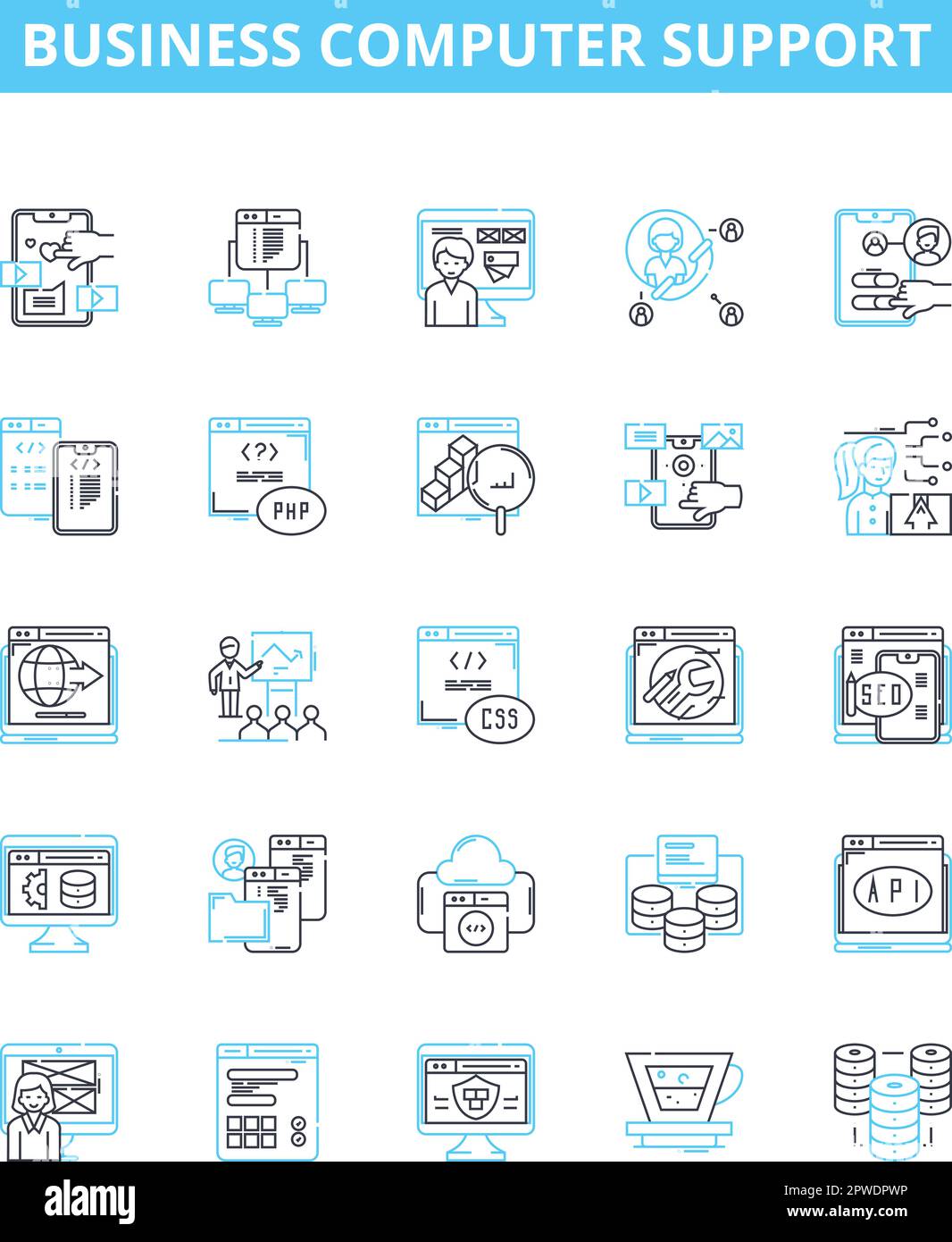 Il computer aziendale supporta il set di icone delle linee vettoriali. IT, supporto, Business, computer, tecnico, Rete, illustrazione Consultancy delineare i simboli dei concetti Illustrazione Vettoriale