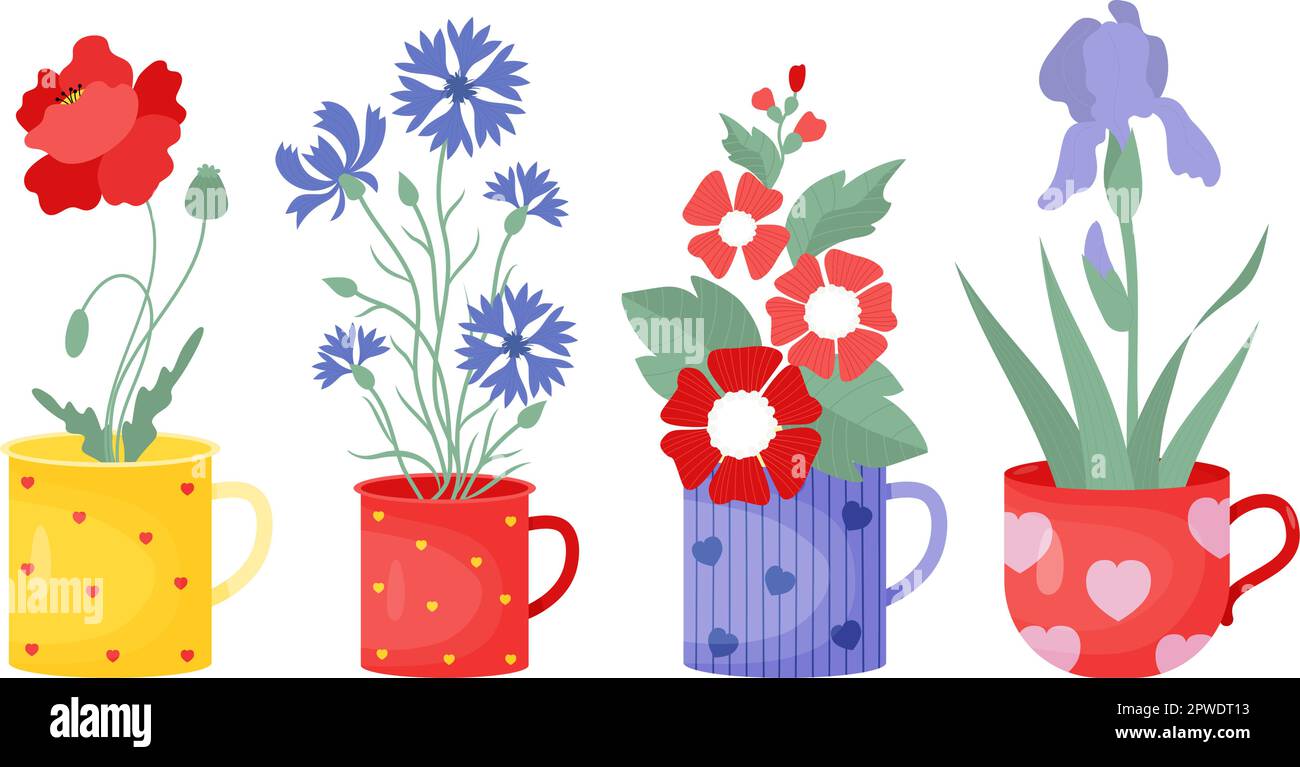 Fiori estivi. Collezione mazzi di papavero rosso, fiori di mais blu, mallow e iris in coppe. Illustrazione vettoriale in stile piatto. Flusso stagionale isolato Illustrazione Vettoriale
